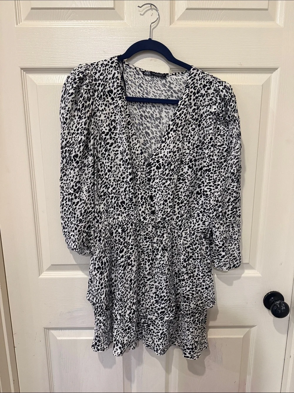 Zara black/white cheetah print ruffle mini dress, XL - Picture 2 of 8